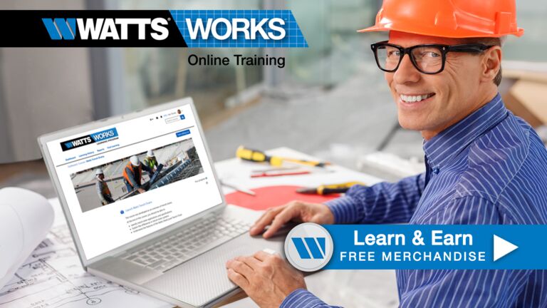 A promotional banner for Watts Works, an online training program. A man is at his laptop accessing the training page, where you can learn and earn free merchandise.